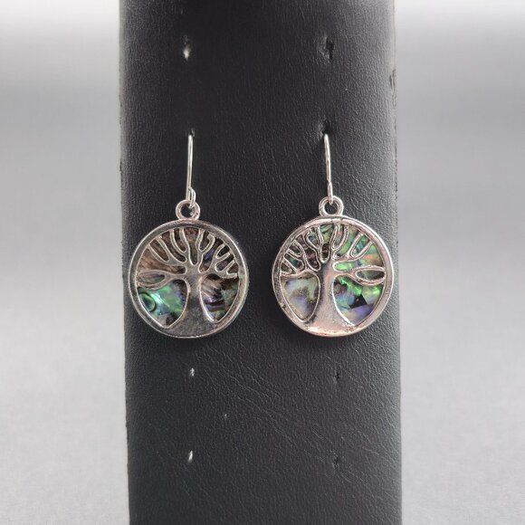 Silver Plated Tree Of Life Abalone Shell Earrings A6393 - Picture 1 of 5